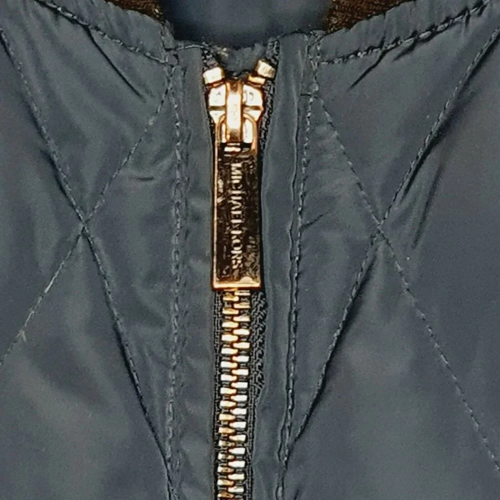 Michael Kors Navy‎ Blue Faux Leather Trim Down Filled Full Zip Puffer Jacket S